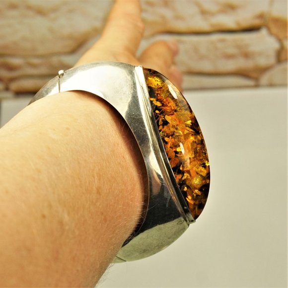HUGE AMBER 925 SILVER BANGLE BRACELET, RARE TO FIND JEWELRY - Picture 5 of 11